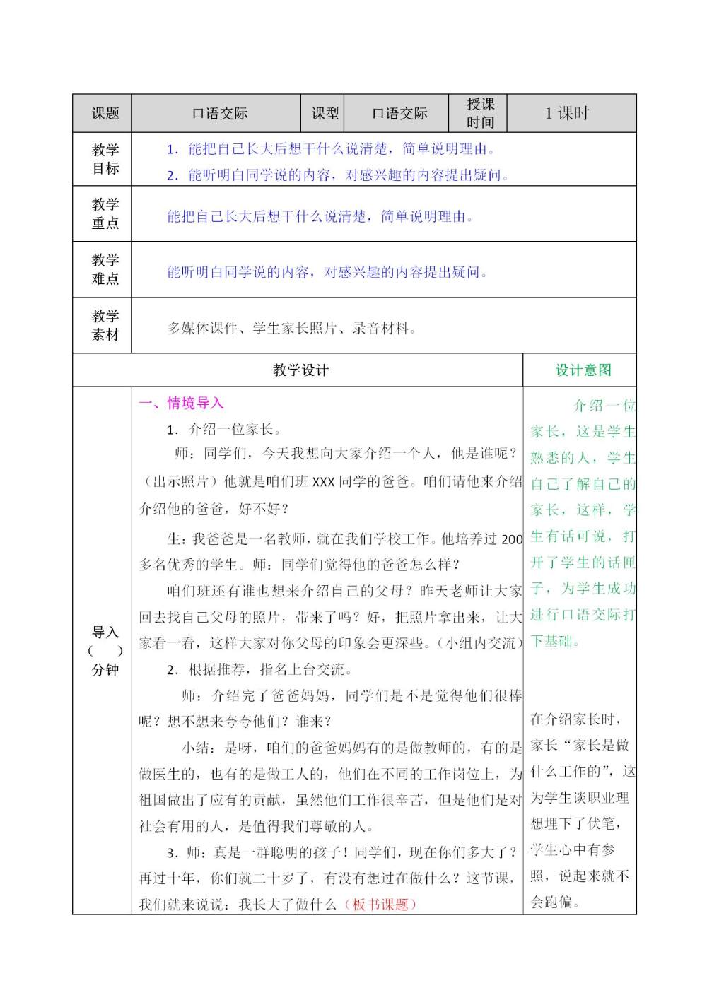 口语交际《长大以后做什么》教案