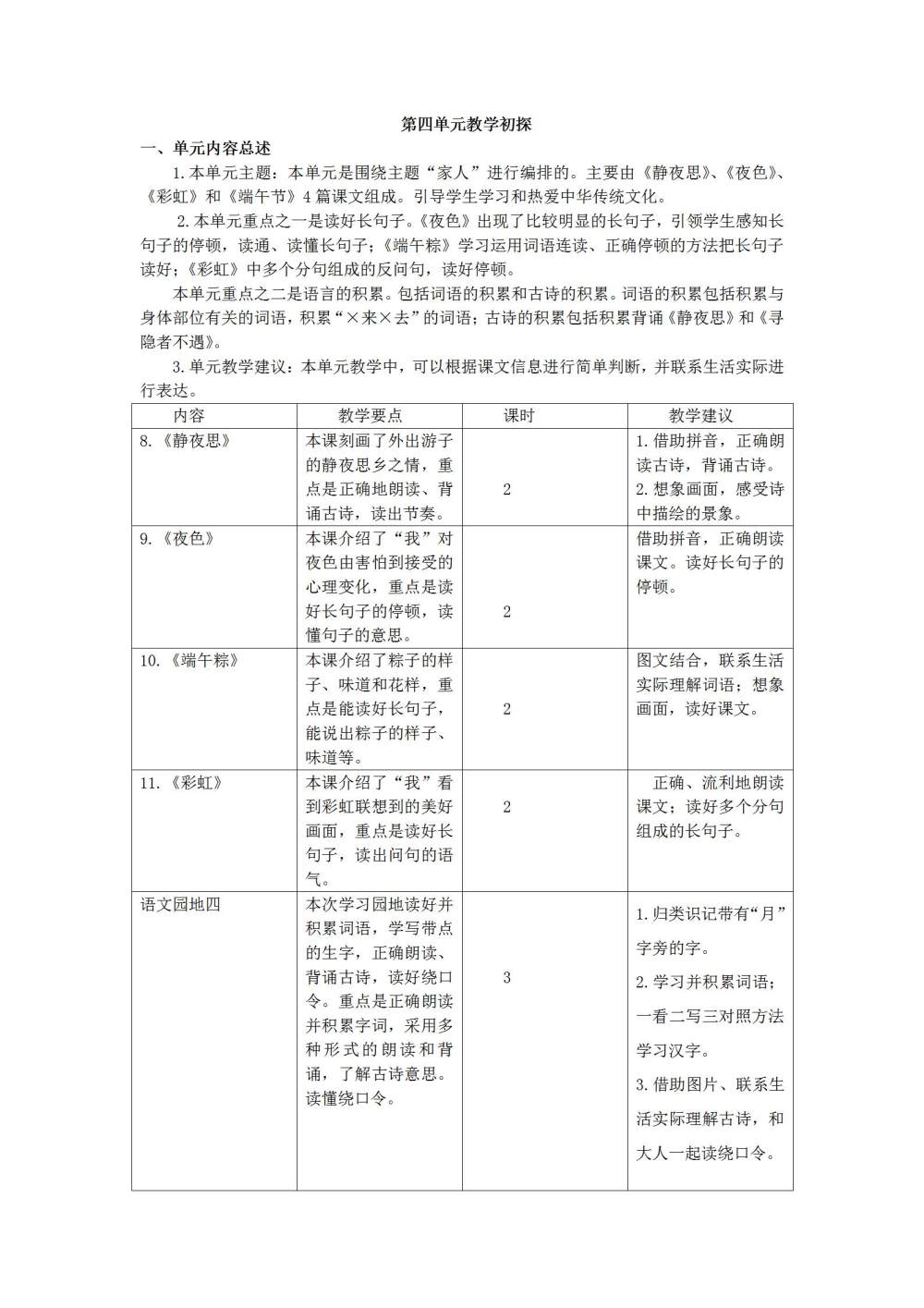 一年级语文(下册)第四单元教学初探