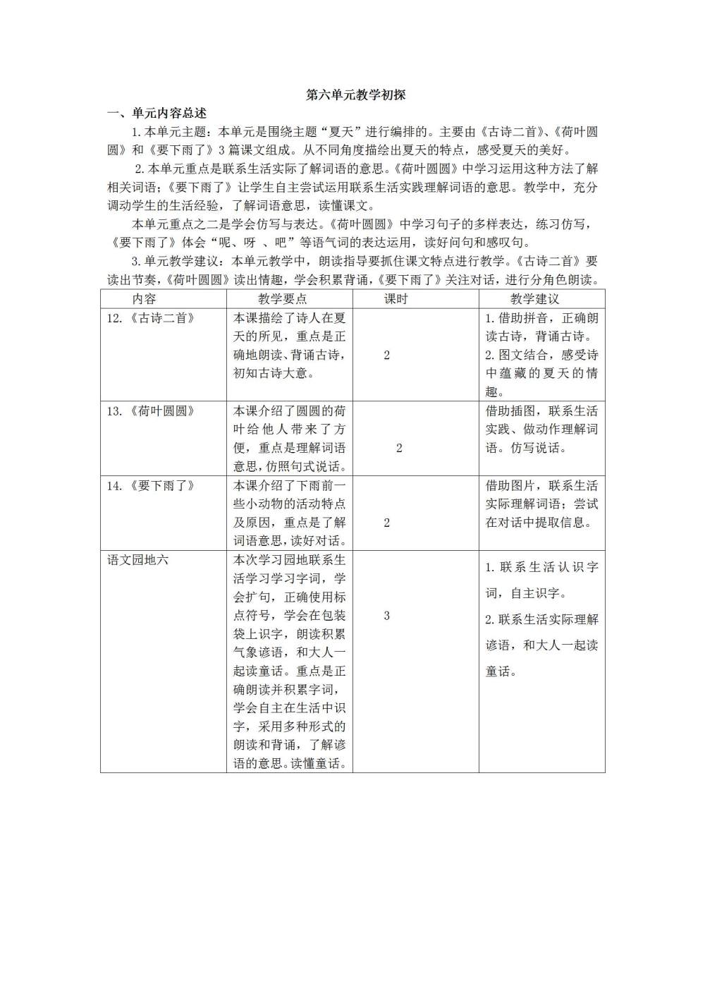 一年级语文(下册)第六单元教学初探